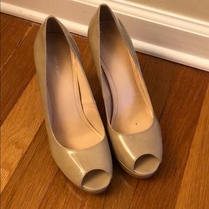 Calvin Klein Nude Patent Leather Open Toe Pumps